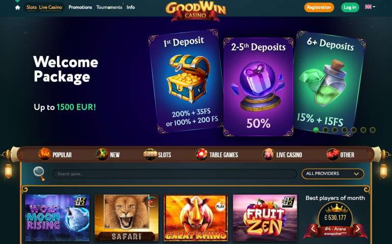 150% + 50 free spins at Goodwin