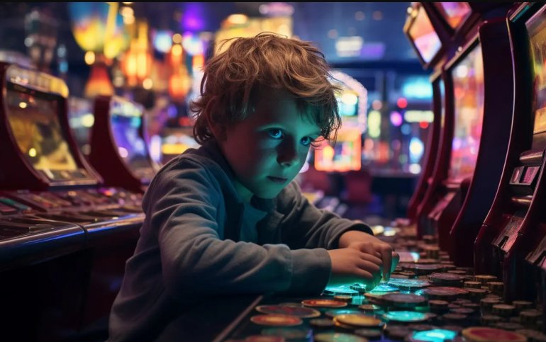 Young gambler playing slot machines