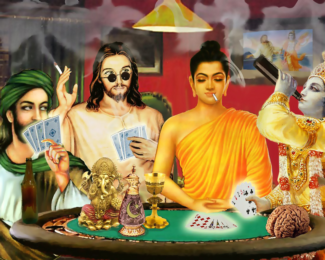 Gods from different cultures play cards for money Gods of various religions gamble with cigarettes and alcohol